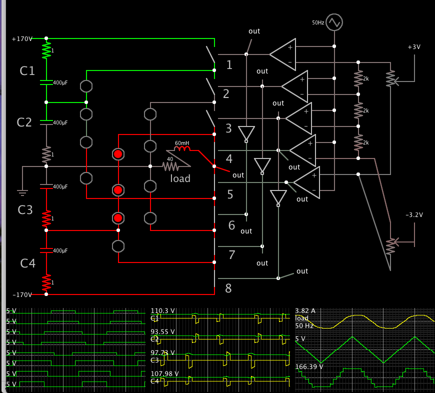 5-level diode-clamped 5 opamps 3 inv-gates 8 ana-switches load gets 50VAC sine-like.png