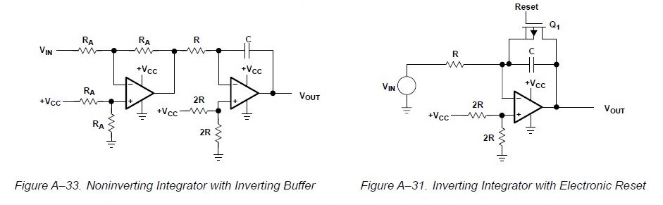 Noninverting Integrator and Electronic Reset Integrator schematics from Op Amps For Everyone.jpg