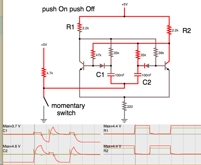 Push-On-push-Off momentary switch toggles On-Off classic circuit (2 NPN 2 caps).png