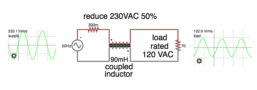 reduce 230 VAC by half via coupled inductor 90mH (horiz) load gets 120VAC.png