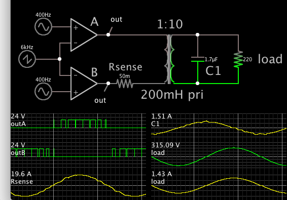 SPWM from 2 opamps 24V to xfmr capa filter 220VAC sine to load.png