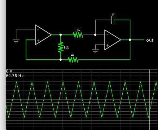 triangle wave generator 2 op amps 6V bipolar AC (from Falstad menu).png