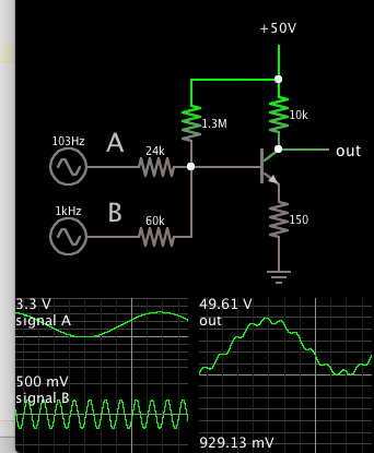 two signals mixed into class A amplifier NPN 50V supply.png