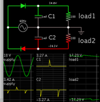 12VAC supply to split bipolar two diodes two caps pos neg loads.png