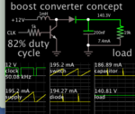 boost converter clock-driven 50kHz 1mH npn 12V to 140 VDC 1W.png