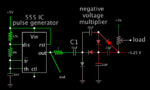 555 iC positive pulses to negative V quadrupler makes +-5V biploar supply 15mA.png