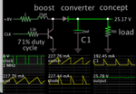 boost conv clk-driv 1MHz 25uH 8VDC supply 700 ohm load gets 25V.png