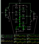 Dickson V multip 7 diodes 4 transis 3_6V supply 120 ohm load gets 13VDC.png