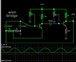 wien bridge sine oscillator 2 transistors 152 Hz 3V supply.png