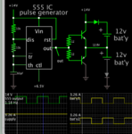 charge 2 bat in series via NPN PNP 2 diodes 14V supply 555 IC pulse generator.png