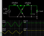 2 chokes reduce mains AC 4 diodes smoothing cap load gets 90v 3A.png