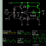 H-bridge 4 transis biased by sinewave 12VDC supply load gets AC sine 11V amplitude.png