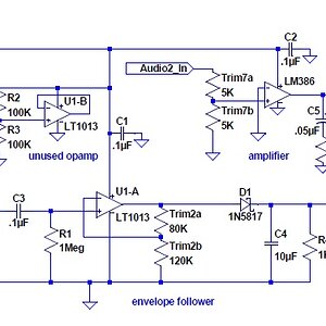 aaef circuit - the schematic. Note that besides the scaling and envelope follower circuits, an amplifier was built onto the board for use in the anima