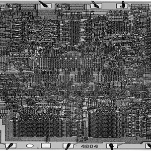 chip 4004
Magnified view of the circuit layout on microprocessor chip 4004-the first µP chip introduced in 1971.