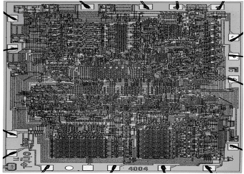 chip 4004
Magnified view of the circuit layout on microprocessor chip 4004-the first µP chip introduced in 1971.